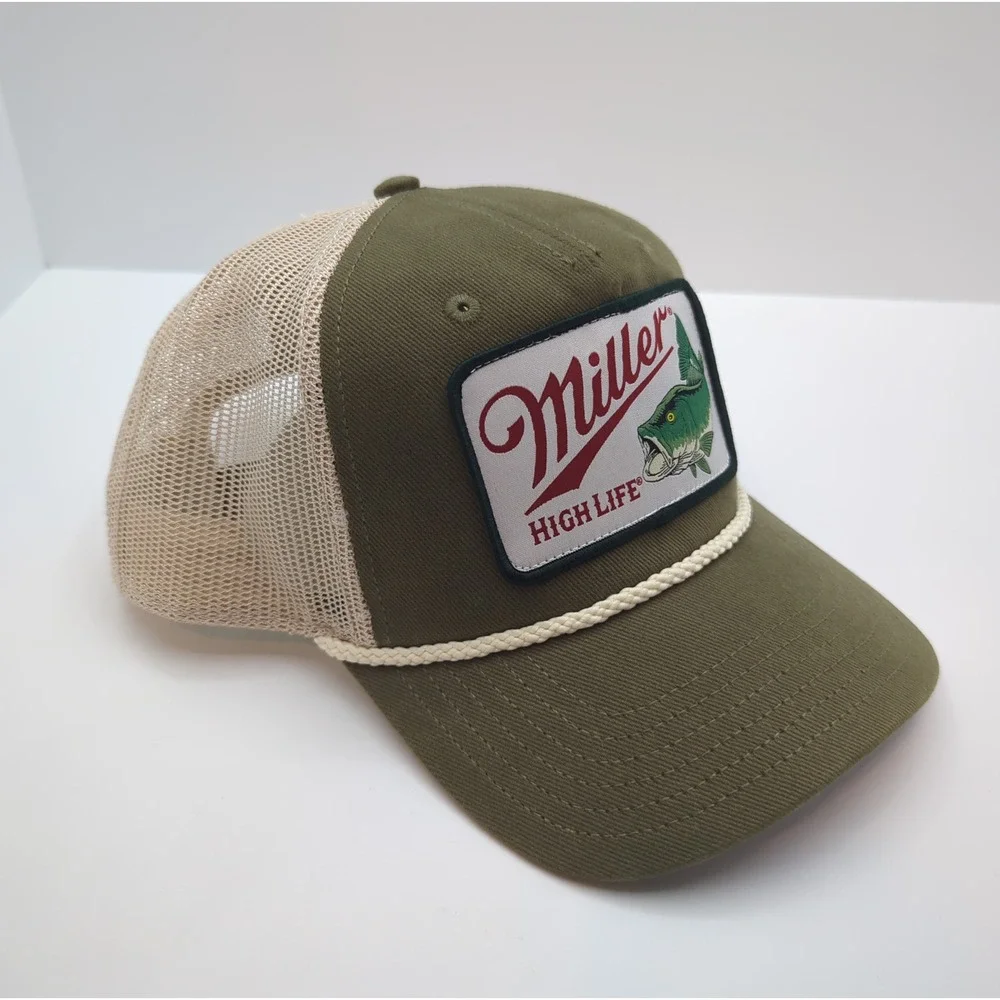 Miller High Life Bass Fishing Trucker Hat Olive Green Tan Snapback Rope Cap NEW